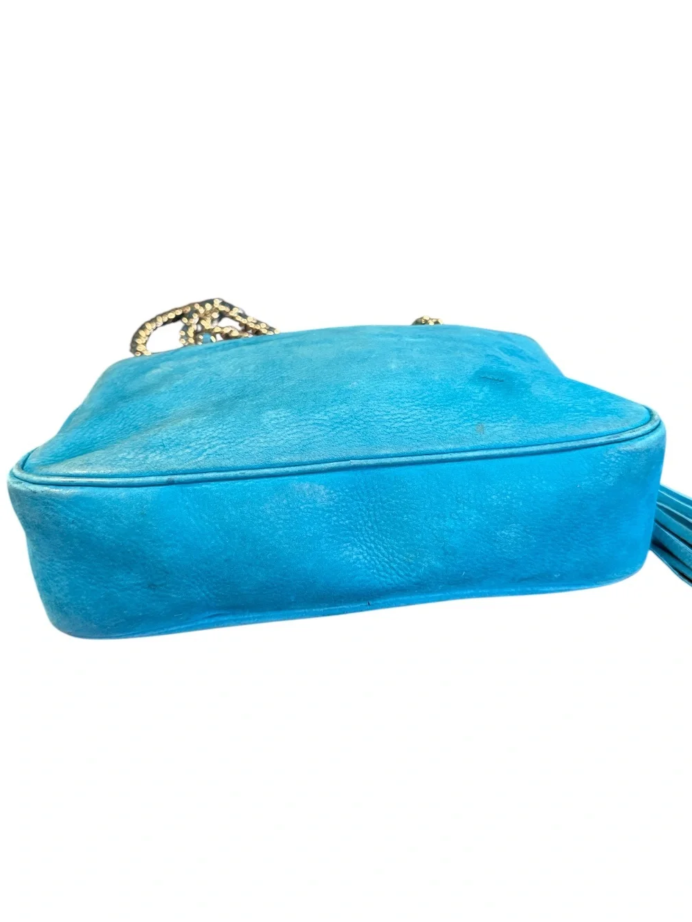 Gucci Soho Chain Strap Suede Leather Medium Bowler Bag Teal Blue Gold